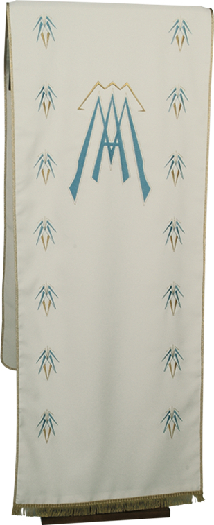 Coprileggio "Gigli" Maranatha Lab in tessuto micromonastico con ricamo diretto di simboli mariani.