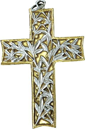 Croce Pettorale "Ulivo" Maranatha Lab in argento bicolore cesellata a mano impreziosita da decoro a foglie di ulivo