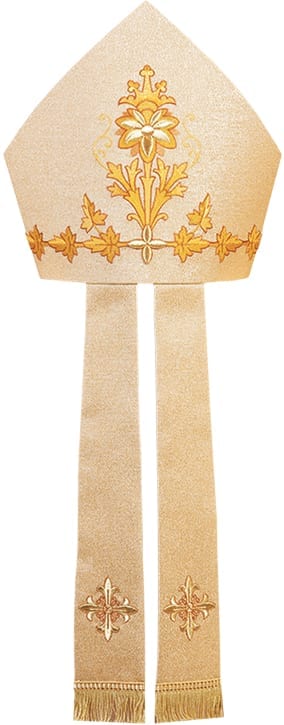 Mitria "Gerico" Maranatha Lab in tessuto lamé decorata con ricami classici in oro sul copricapo e sulle infule.