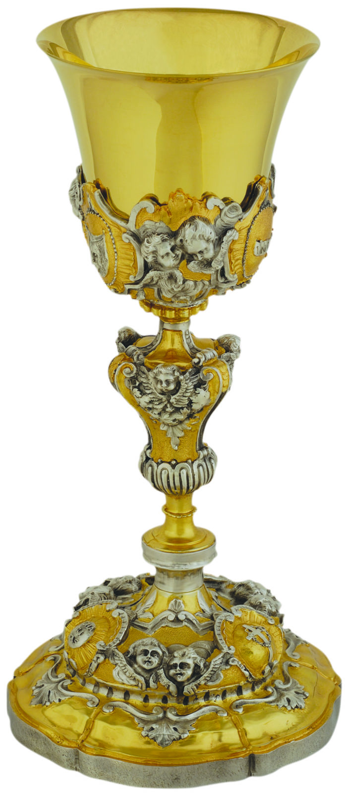 Calice "Aronne" Maranatha Lab in stile barocco con coppa in argento lavorato a mano con ceselli di angeli