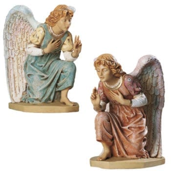 Angeli in ginocchio Fontanini, set di due angeli in resina dipinta a mano per Natività