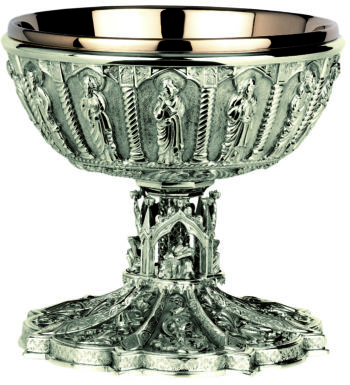Piatto gotico in argento con preziosi bassorilievi a mano delle figure di Cristo e degli Apostoli e Fiore della Passione