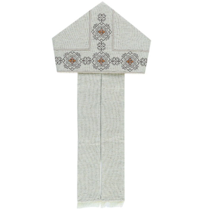 "Gennaro" Maranatha Lab miter in hemp and linen embellished with hand-embroidered Assisi stitch motifs.