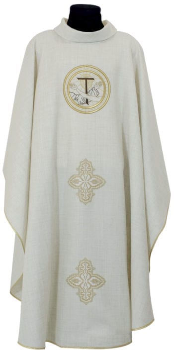 Casula "Eremo-Carceri" Maranatha Lab in lino arricchita con ricamo diretto di simbolo francescano e croci.