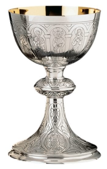 Hand chiseled chalice with symbols of the evangelists and effigy of the 12 Apostles