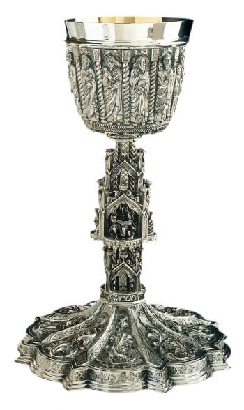 calice gotico con bassorillievo a mano dei 12 apostoli in argento massiccio 925