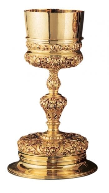 Baroque chalice in solid 925 silver with gold bath finish and entirely hand-engraved at the base, handle and saucer