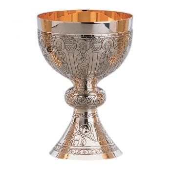 Romanesque chalice Evangelisti Chalice engraved by hand with the effigy of the 12 apostles on the cup and symbols of the four evangelists adorn the base