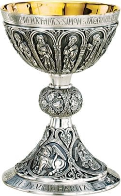 Romanesque chalice in solid silver decorated with figures of the 12 apostles and four evangelists