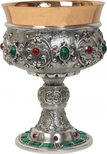 Maranatha Lab "Numbers" goblet in hand chiseled silver, embellished with ruby red and emerald green stones