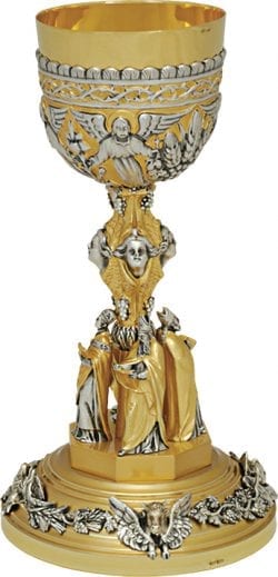 Calice “Dottori” Maranatha Lab in argento cesellato a mano con statue dei quattro dottori della chiesa e fregi in fusione a cera persa