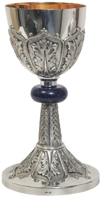 Chalice "Deuteronomio" Maranatha Lab in hand chiseled silver embellished with cobalt stone at the handle