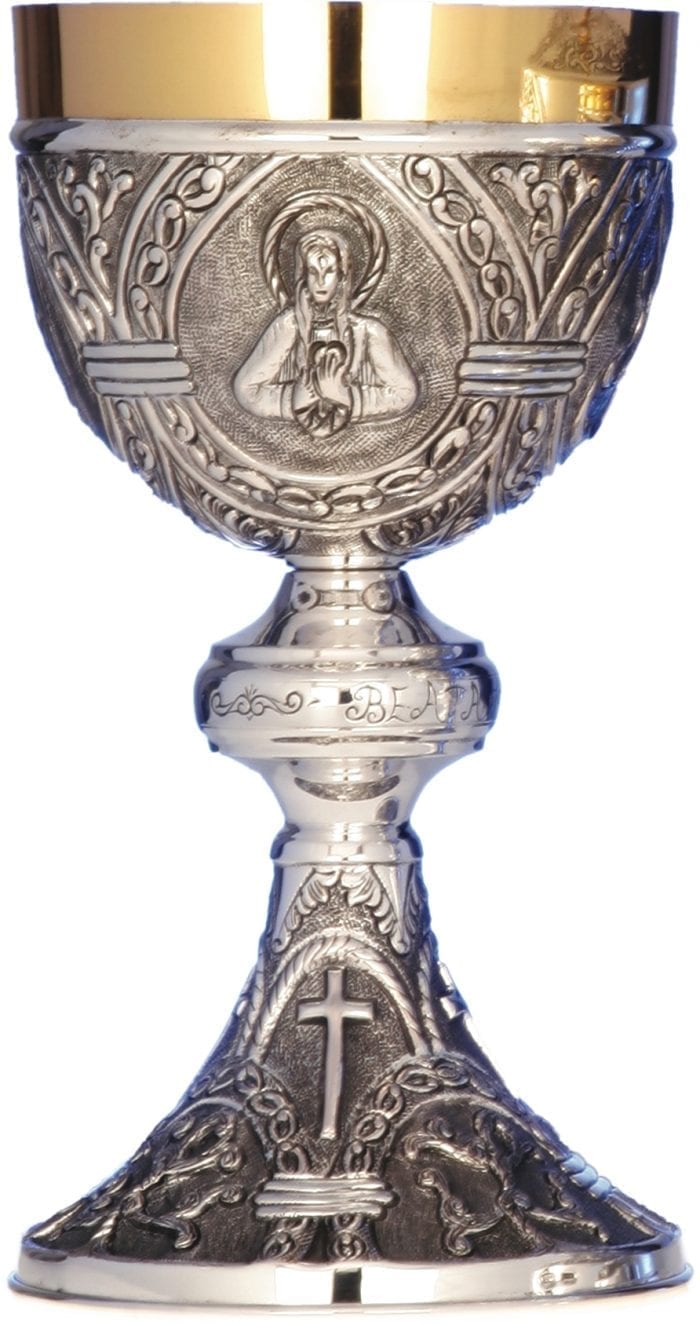 Maranatha Lab silver "Tear" glass with gold cup interior entirely chiseled by hand with Marian motifs