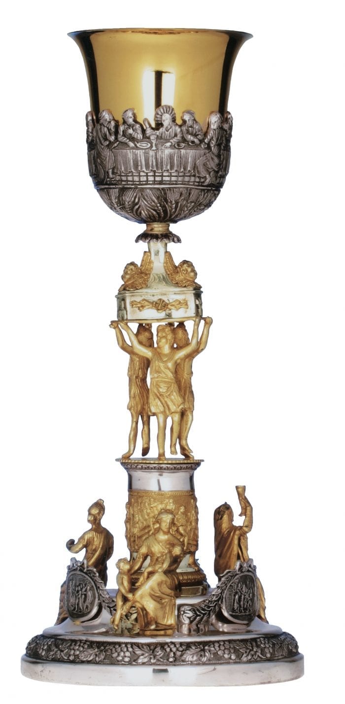 Calice "Solennità" Maranatha Lab in argento cesellato a mano con statue, testine angeliche e scena dall'Ultima Cena