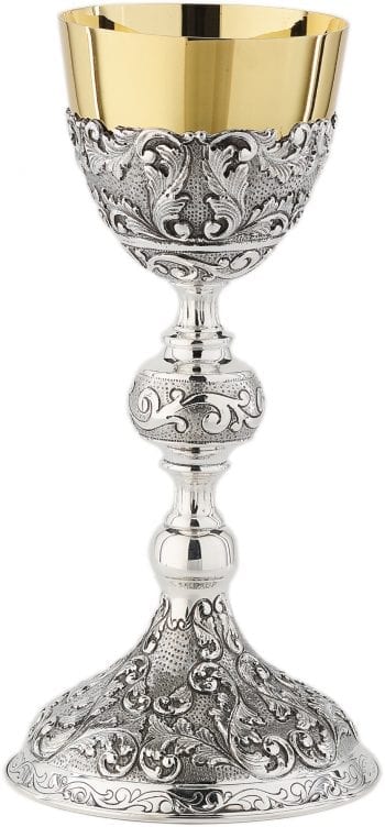 Maranatha Lab "Ornamenti" goblet in classic style made of two-tone silver entirely chiseled by hand with naturalistic decorations