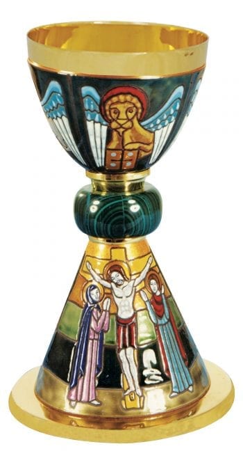 Maranatha Lab "Crucifixion" chalice in enamelled silver with crucifixion scenes and green stone handle