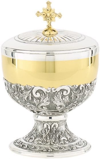 Pisside "Solennità" Maranatha Lab in argento bicolore con interno coppa oro cesellato a mano con decori naturalistici