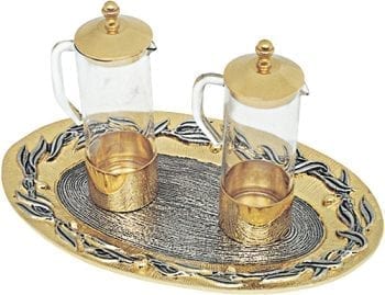 Ampolline "Ulivo" Maranatha Lab con riporti in bronzo dorato e vassoio di forma ovale con decorazioni a foglia