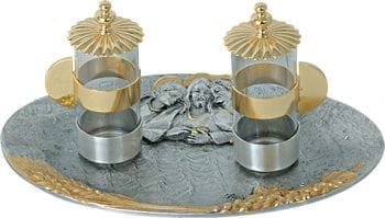 Ampolline "Emmaus" Maranatha Lab in fusione di bronzo con decoro di spighe ed effigie dei discepoli di Emmaus