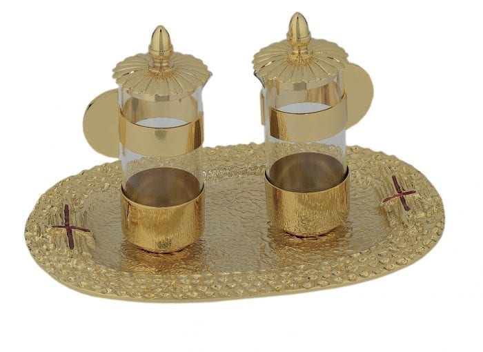 Maranatha Lab "Mosaic" apolline in gilded brass with oval-shaped tray hammered and glazed with crosses