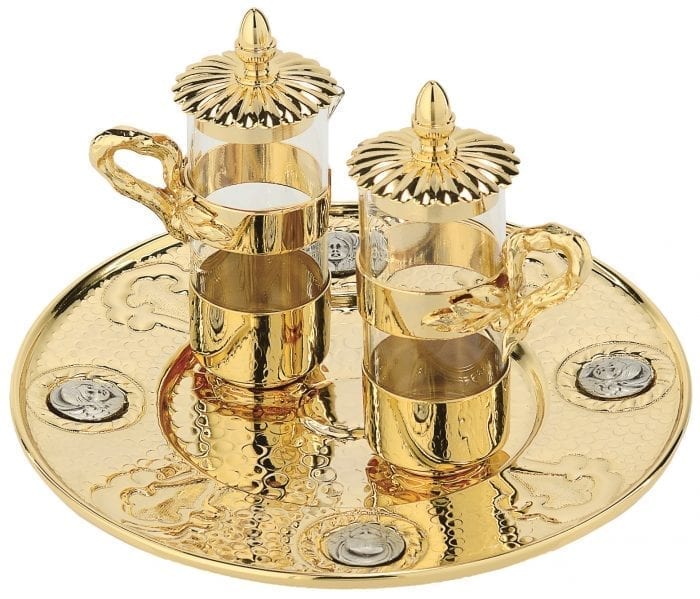 Ampoules "Anamnesi" Maranatha Lab with gold brass carry-overs and hammered tray and chiseled medallions with angelic heads