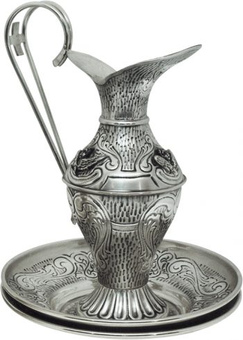 Maranatha Lab "Siloe" jug in hand chiseled silver brass embellished with decorative friezes