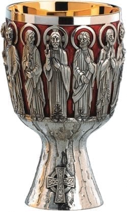 Enameled chalice in silver-plated brass with relief of the 12 apostles embossed by hand on a red background and engraving of a Christian Celtic cross at the base