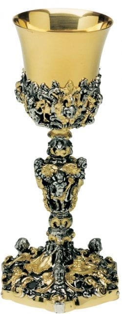 Calice “Seicento” Maranatha Lab stile barocco in fusione bicolore con coppa in argento decorato con testine angeliche