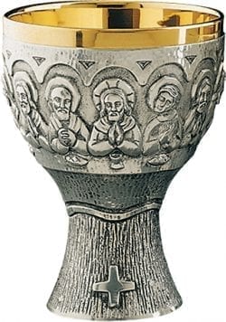Cenacle chalice in silver-plated brass casting and golden cup interior with a minimal design and decorated with the scene of the Last Supper