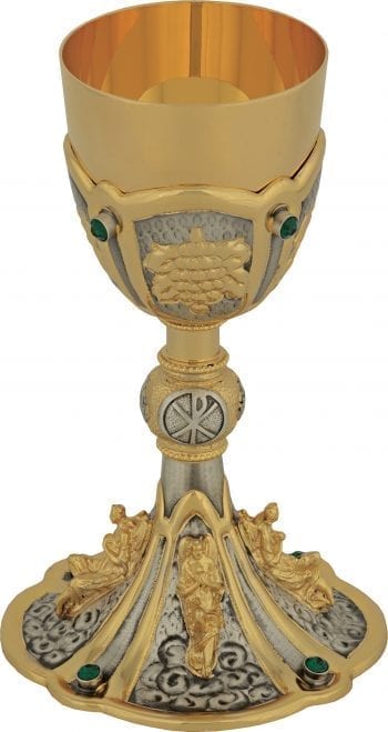 "Virtues-Theological" Glass Maranatha Lab in two-tone hand chiseled brass embellished with emerald green stones