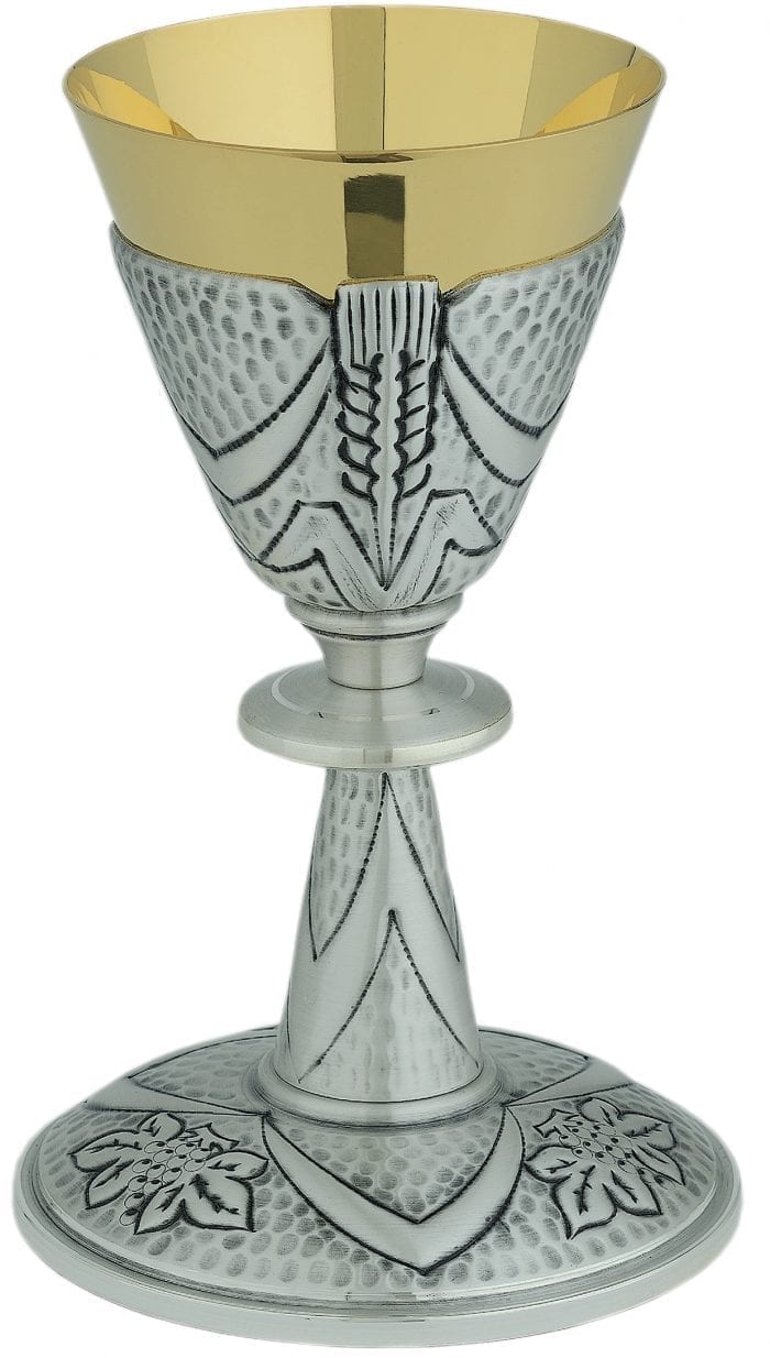 Chalice "Faith" Maranatha Lab hammered and chiseled by hand with bunches of grapes at the base and on the cup ears of wheat