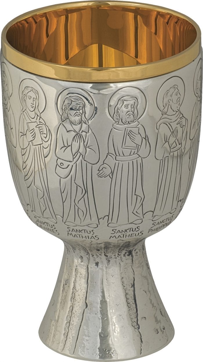 12 Apostles modern chalice in silver-plated brass entirely hand-chiseled with effigy of Christ and the 12 Apostles on the cup and inside of the cup in gilded silver