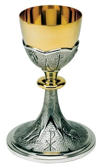 Maranatha Lab "Chi-Rho" chalice in two-tone chiseled and hammered brass, adorned with different motifs and Chi-Rho symbol