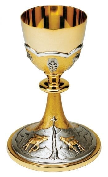 Maranatha Lab "Cervi" goblet in two-tone chiseled brass with deer, ears of wheat and lilies
