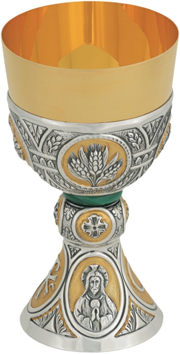 Maranatha Lab "Exodus" glass in hand chiseled brass with Eucharistic symbols, effigies of Jesus Christ and symbols of wheat