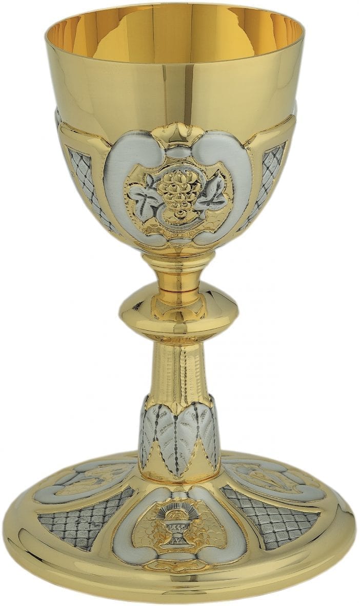 Calice “Carità” Maranatha Lab stile classico in ottone bicolore cesellato con simboli eucaristici