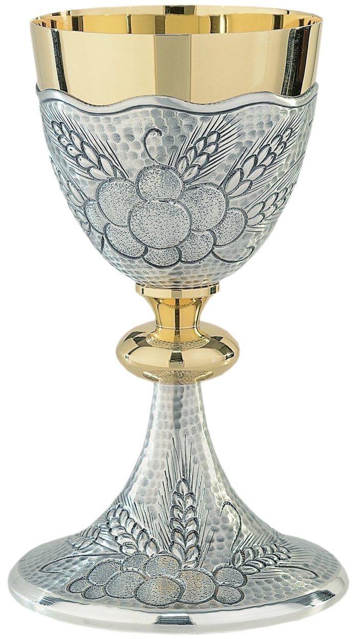 Chalice "Abraham" Maranatha Lab in two-tone brass chiseled by hand with motifs of explainers and grapes