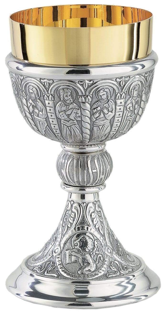 Chalice "Apostles" Maranatha Lab chiseled by hand with scene from the Upper Room and symbols of the four evangelists