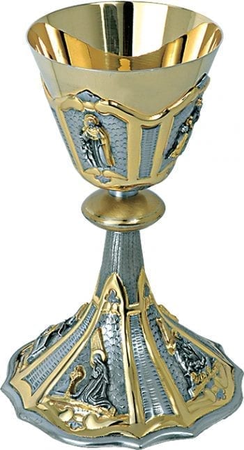 Maranatha Lab "Vita-Christi" chalice in chiseled two-tone brass with gospel scenes and figures of the four evangelists