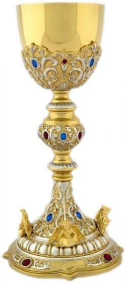 Maranatha Lab "Gospel" chalice in two-tone brass embellished with chisel, setting of stones and symbols of the four evangelists