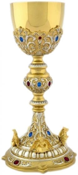 Maranatha Lab "Gospel" chalice in two-tone brass embellished with chisel, setting of stones and symbols of the four evangelists