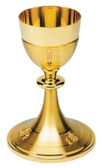 Maranatha Lab "Ruah" chalice in satin gilded brass decorated with symbols of grapes and ears of wheat
