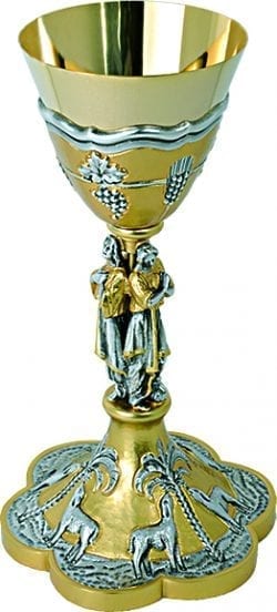 Maranatha Lab "Virtus" chalice in two-tone chiseled brass with deer, bunches of grapes and ears of wheat, statues of the Virtues