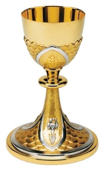 Maranatha Lab "Gigli" goblet classic style in two-tone chiseled brass with embossed lilies and stylized ears