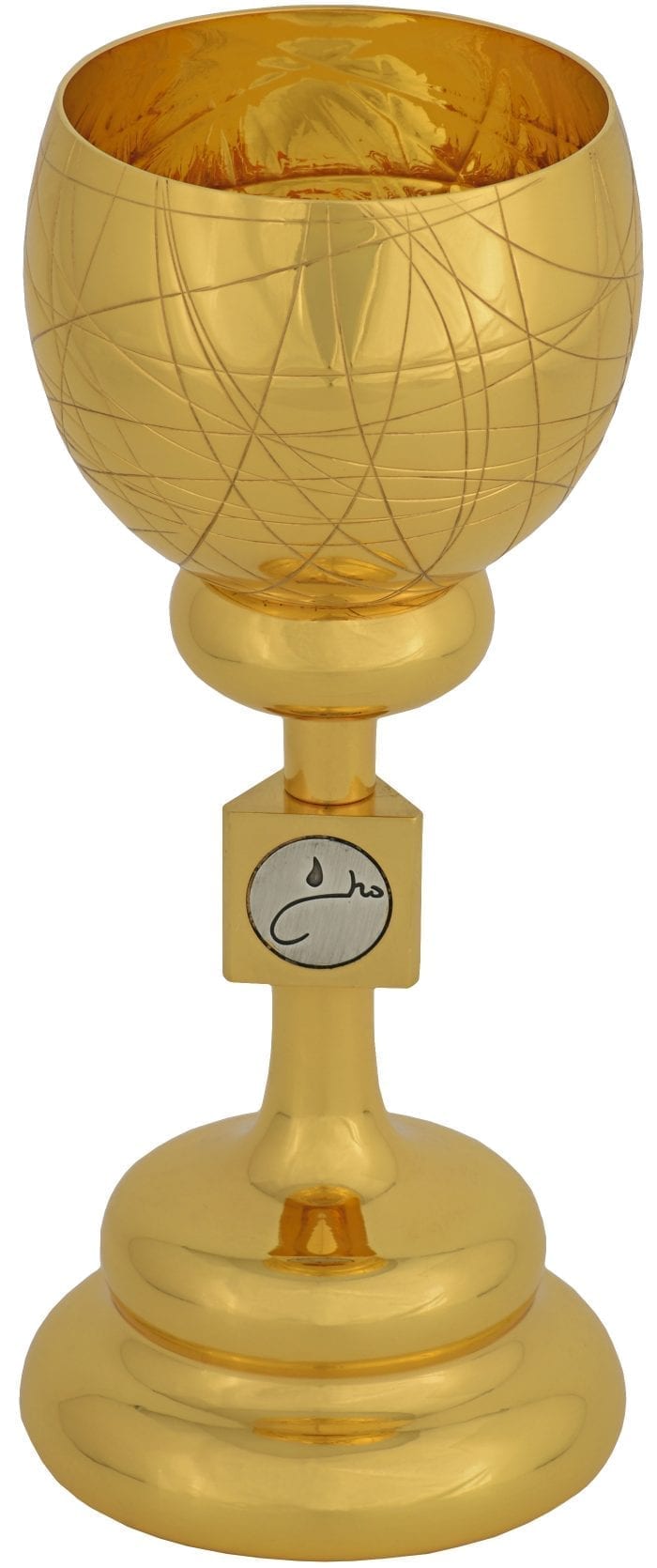 Calice "Flagellation" Maranatha Lab neo baroque in gilded brass embellished with engravings on the cup and symbol Jhs