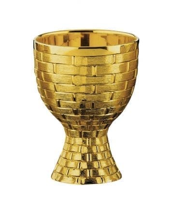 modern goblet in gilded brass with stylized lines and characterized by a weave similar to that of a basket
