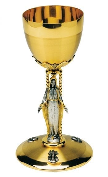 Maranatha Lab "Regina-Coeli" chalice in brass adorned with a statue of Our Lady and symbols of the cross, the initials Jhs and triangle with the eye of God