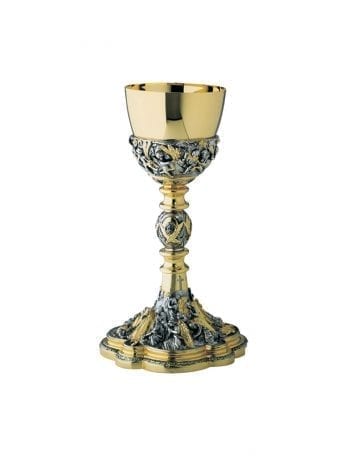 Calice “Angelico” Maranatha Lab stile classico in fusione di ottone bicolore finemente cesellato con scene evangeliche e figure angeliche