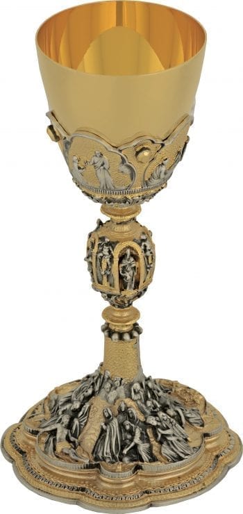 Maranatha Lab "Rest" chalice in two-tone fusion embellished at the base and grip by scenes from the life of Christ