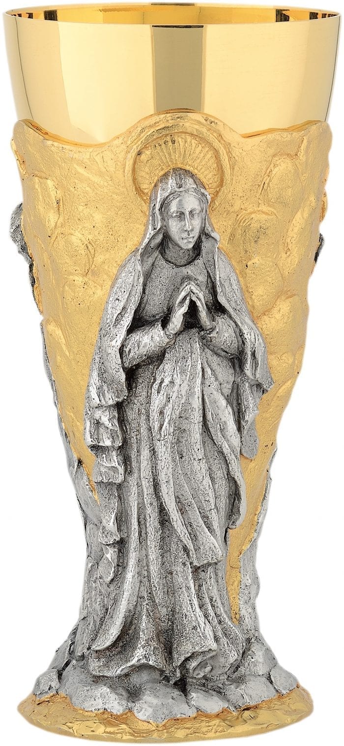 Calice “Lourdes” Maranatha Lab in fusione bicolore impreziosito con decori a  rilievo della Vergine Maria